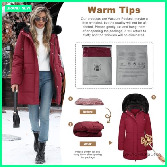 Women's Winter Puffer Coat Fleece Lined Parka Jacket with Detachable Hood - Picture 6 of 7